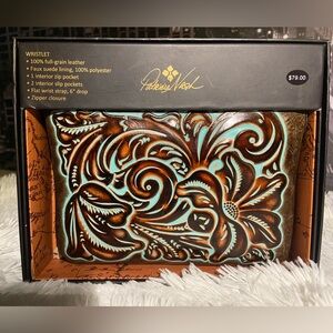 Patricia Nash Brown and Turquoise Tooled Leather Cassini Wristlet